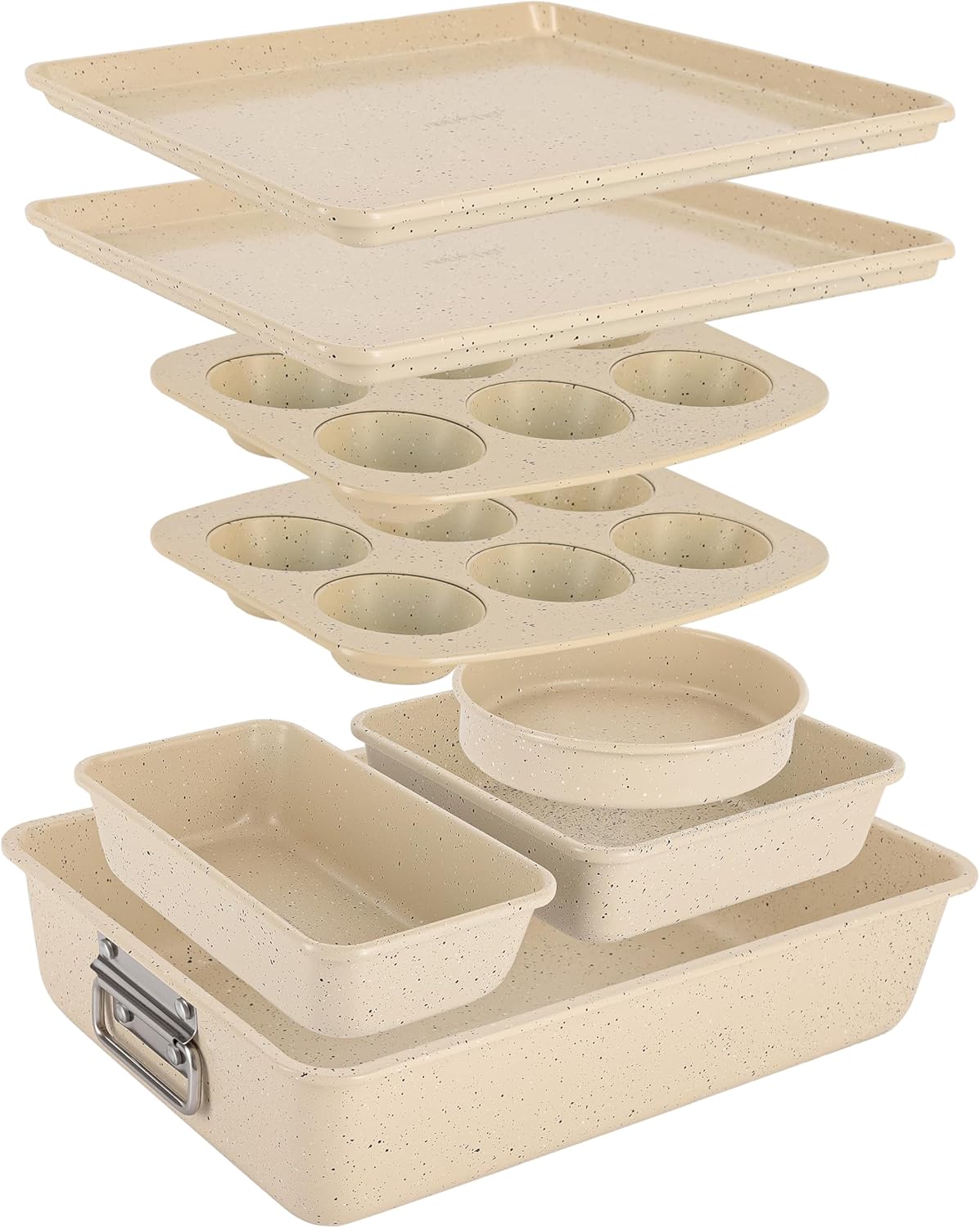 NutriChef 8-Piece Stackable Bakeware Set - Carbon Steel Non-Stick Baking Pan Set, Sheet, Muffin, Round, Loaf, Square Cake & Deep Pans, 450°F Heat Resistant, Standard & Convection Ovens (Marble Cream)