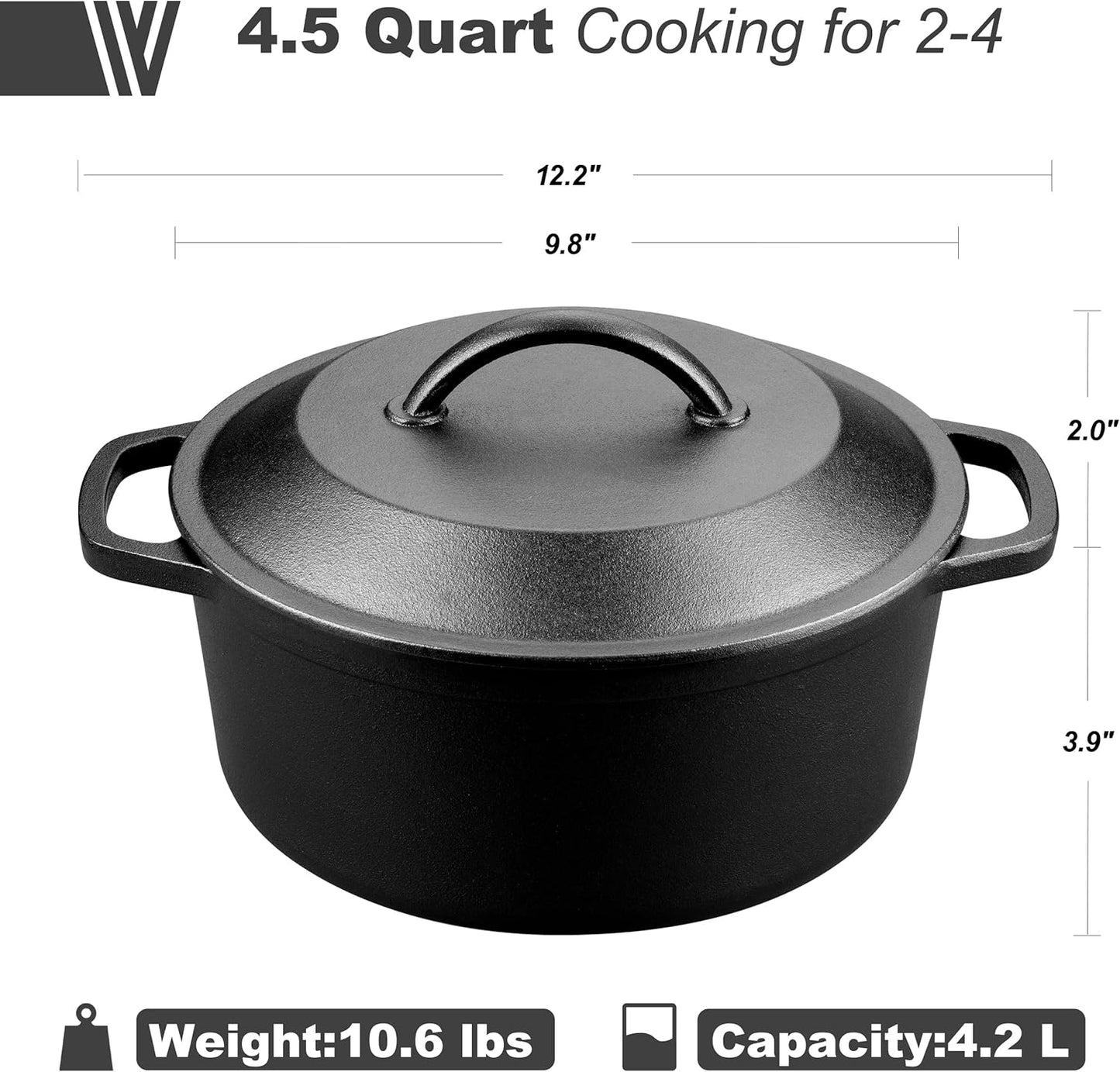 Pre-Seasoned Cast Iron Dutch Oven with Lid, Round and Dual Handles, for Stovetop, Camping, Grill, Induction, Electric, Black, 4.5qt