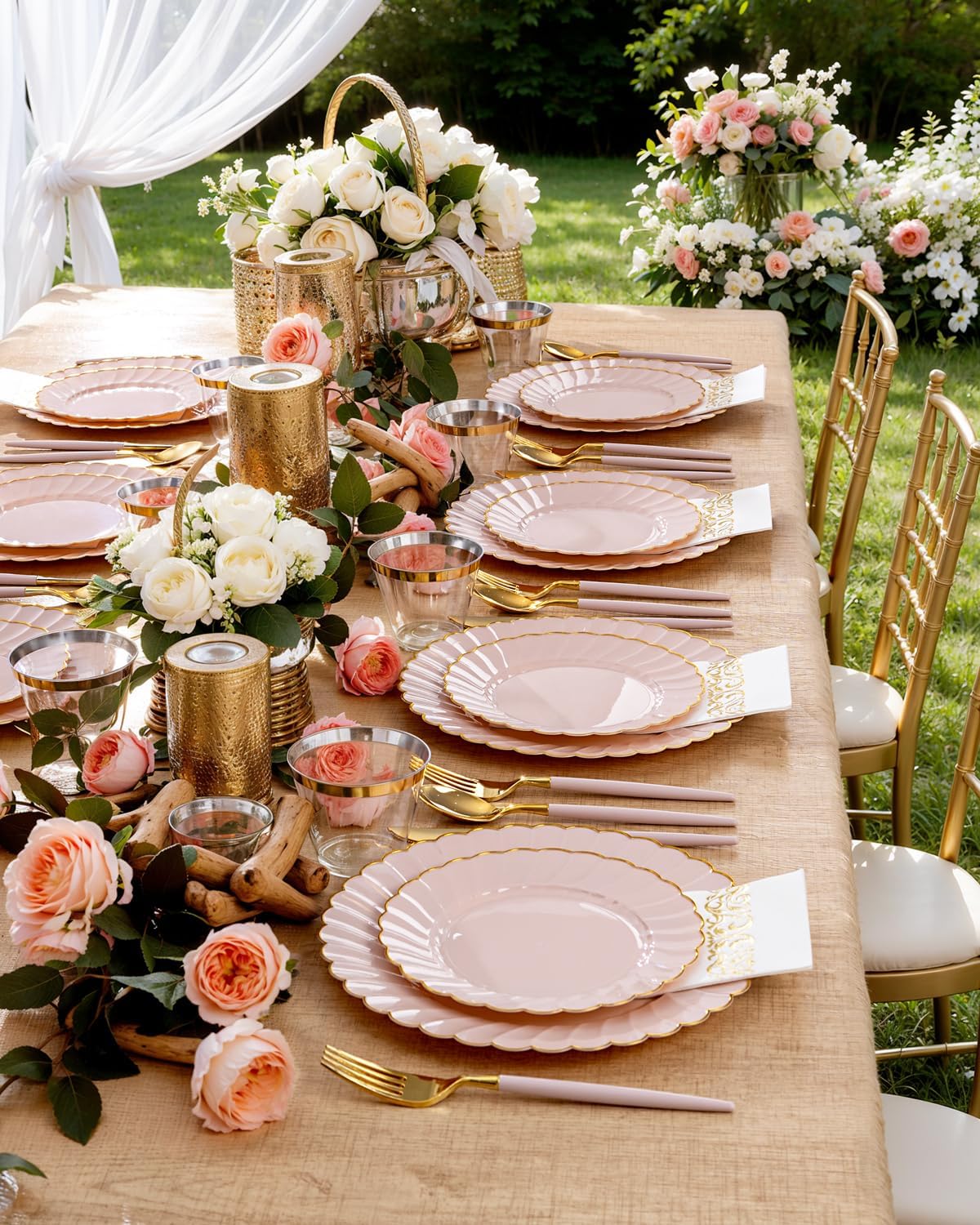 Ciaell 175 PCS Pink Scalloped Plastic Plates with Gold Trim - Pink Plastic Silverware with Handle - Fancy High-End Dinnerware Sets for Wedding & Showers & Party & Anniversary (25 Guests)