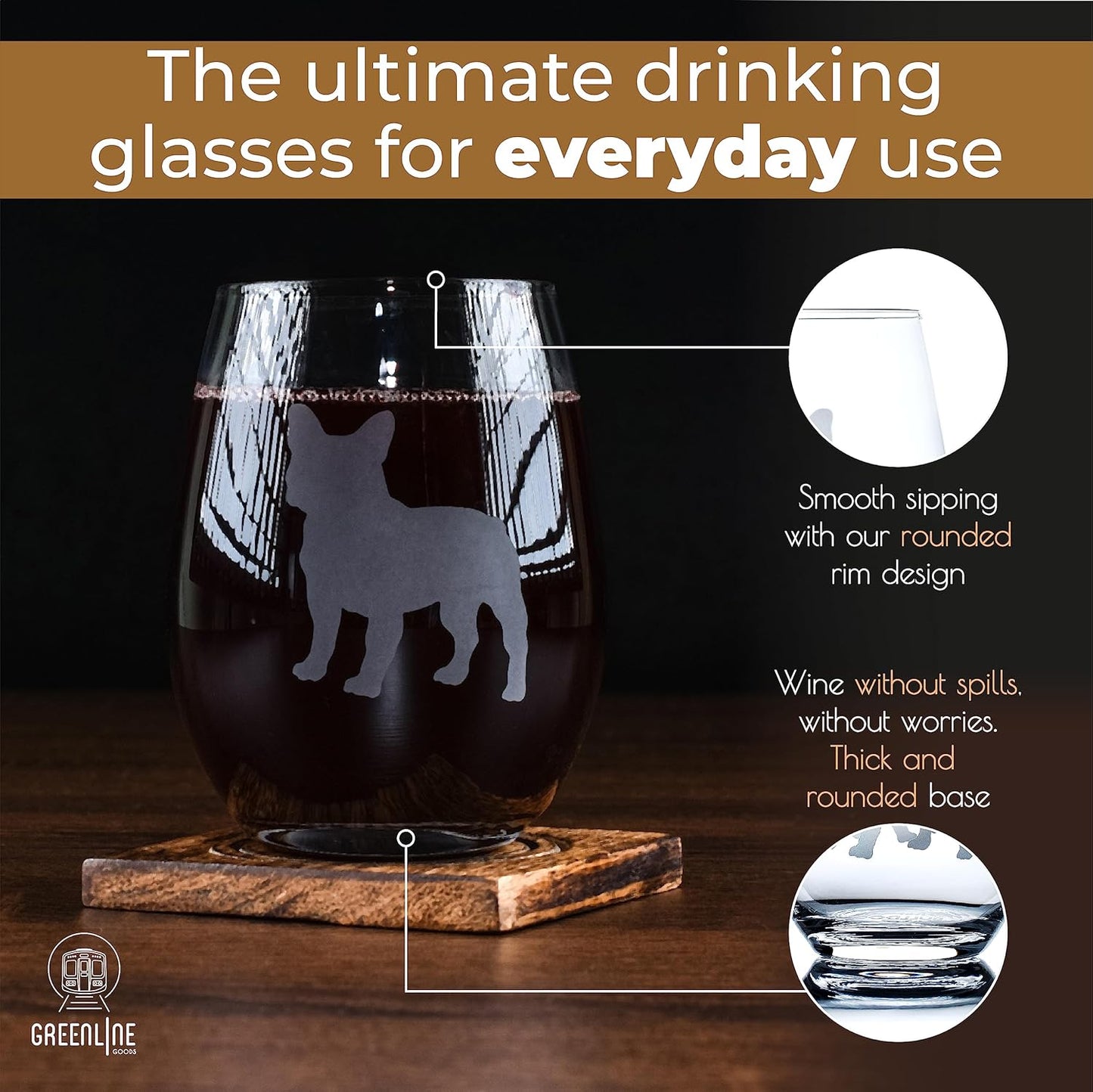 Greenline Goods French Bulldog Stemless Wine Glasses (Set of 2) - Unique for Dog Lovers - Etched 2-Sided Frenchie Silhouette with Breed Name on the Bottom