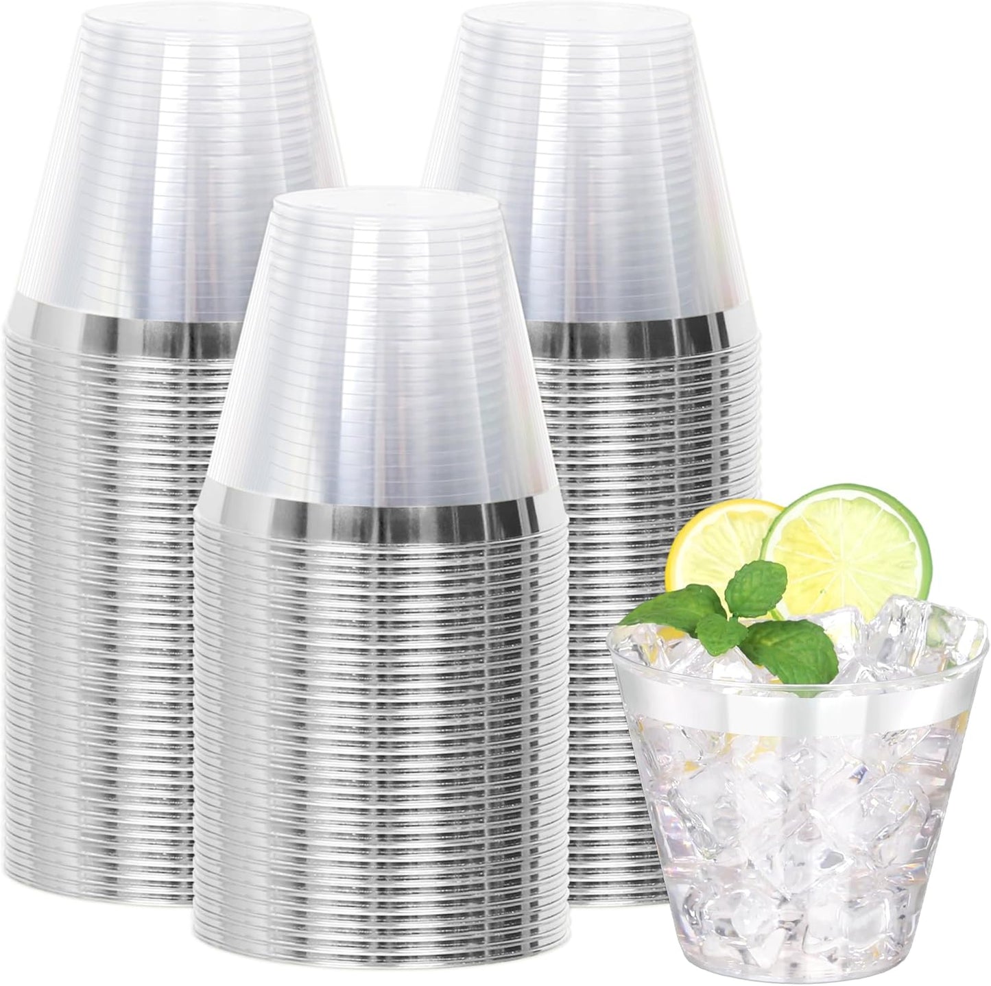 100 Pcs Silver Plastic Cups,9Oz Silver Rimmed Plastic Cups,Heavy Duty Clear Disposable Plasitc Cocktail Tumblers Wine Cup for Party,Wedding,Birthday,Christmas