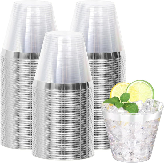 100 Pcs Silver Plastic Cups,9Oz Silver Rimmed Plastic Cups,Heavy Duty Clear Disposable Plasitc Cocktail Tumblers Wine Cup for Party,Wedding,Birthday,Christmas