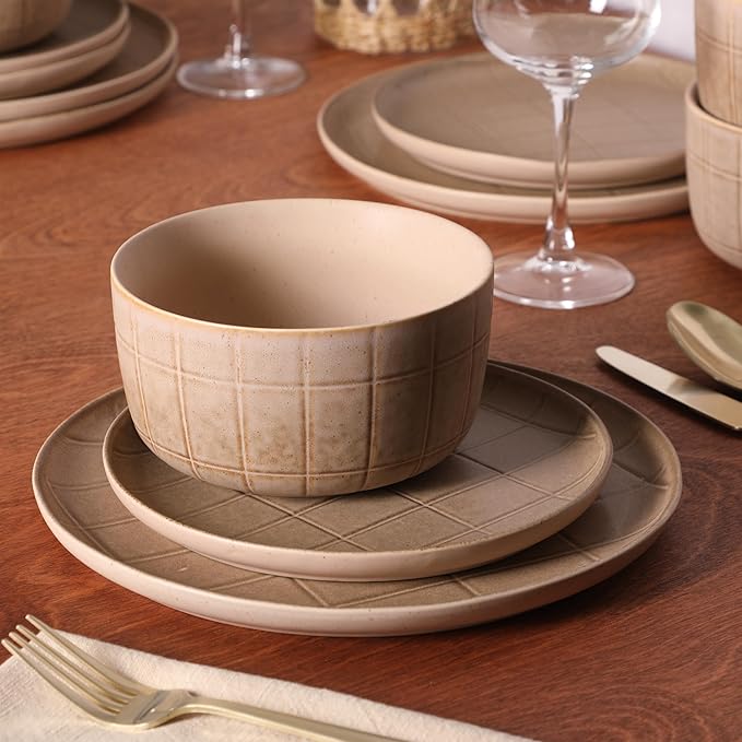 Gisbon Elite Butterwick 12 Piece Plates and Bowls Stoneware Dinnerware Set - Taupe Reactive Glaze Patterned Dishes - Microwave and Dishwasher Safe