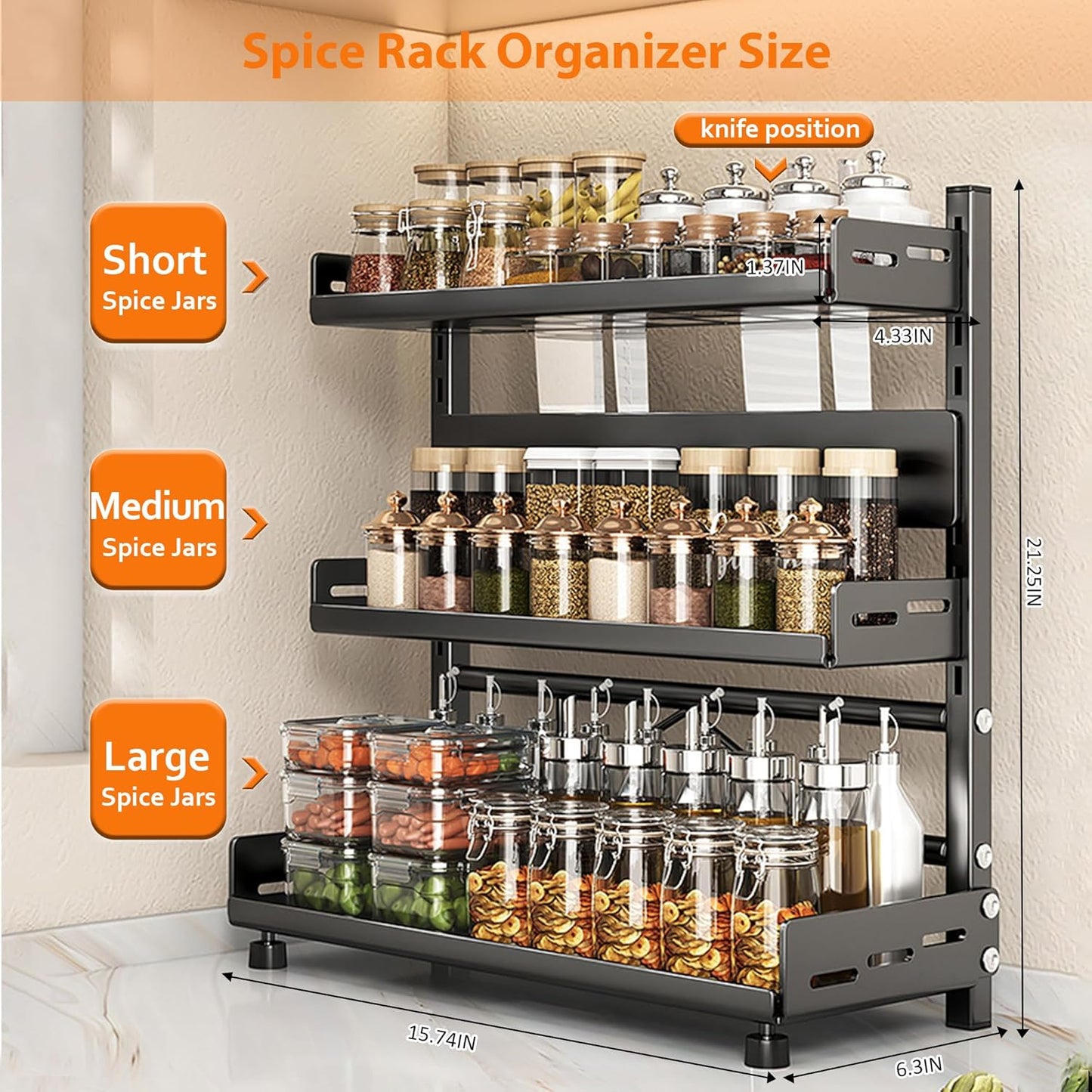 Spice Rack Organizer, 3-Tier Height-Adjustable Kitchen Countertop Spice Organizer Shelf, Metal Rust-Proof Standing Large Seasoning Organizer with Guardrail & Knife Block for Kitchen Bathroom