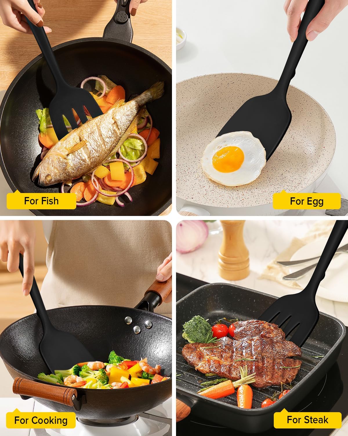 Pack of 2 Silicone Spatula Turners, Non Stick Slotted Kitchen Spatula Set, Heat Resistant BPA Free Kitchen Utensils, One-Piece Design, Suitable for Flipping Fish, Eggs, Steak, Pancakes(BLACK)
