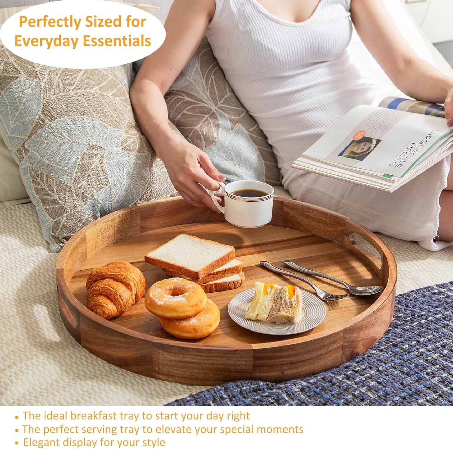 Wooden Serving Tray with Handles 22 Inch Extra Large Round Ottoman Tray Acacia Large Wood Trays Ottoman Living Room Wooden Trays