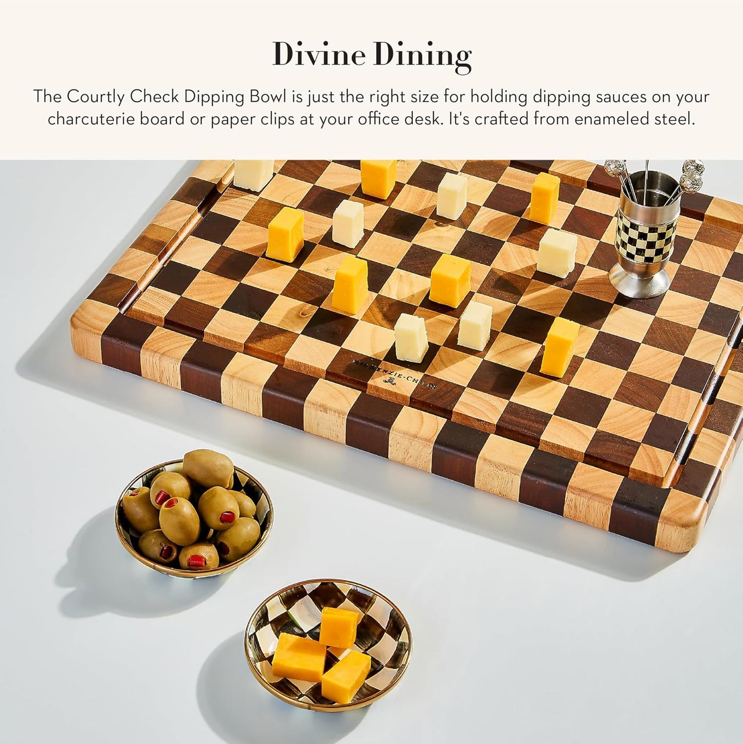 MACKENZIE-CHILDS Enamel Dipping Bowl, Small Serving Bowl for Entertaining, Black-and-White Courtly Check