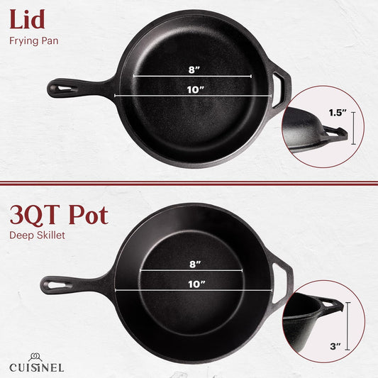Cuisinel Cast Iron 2-In-1 Multi Cooker - 3-Quart Dutch Oven and Skillet Lid Set Oven Safe Cookware + Black Pan Scraper - Use As Dutch Oven and Frying Pan - Indoor and Outdoor Use - Grill, Stovetop