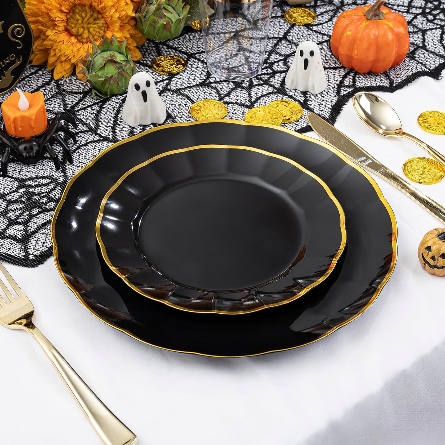 EI 150pcs Black Plastic Plates,Black and Gold Fancy Plate,Gold Plastic Silverware,Black and Gold Dinnerware Set,Premiun Heavy Duty Taleware,Perfect for Halloween,Party,Wedding,Anniversary