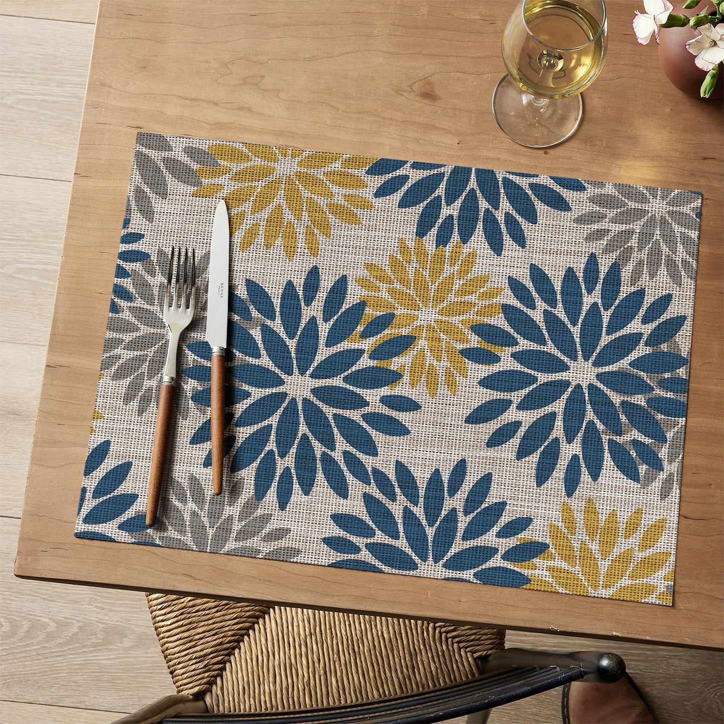Artoid Mode Floral Vinyl Placemats Set of 4, Heat Resistant Washable Non-Slip Plistic PVC Place Mats for Party Kitchen Dining Decor, Blue Yellow