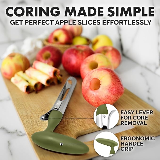 Zulay Kitchen Premium Apple Corer Tool - Ultra Sharp, Stainless Steel, Serrated Blades for Easy Coring - Easy to Use & Clean, Durable Apple Corer Remover for Baking Apples & More - Olive Green
