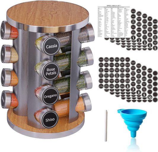 New England Stories Revolving Spice Rack Set with 16 Spice Jars, Kitchen Spice Tower Organizer for Countertop or Cabinet - Carousel Storage Includes 386 Spice Labels