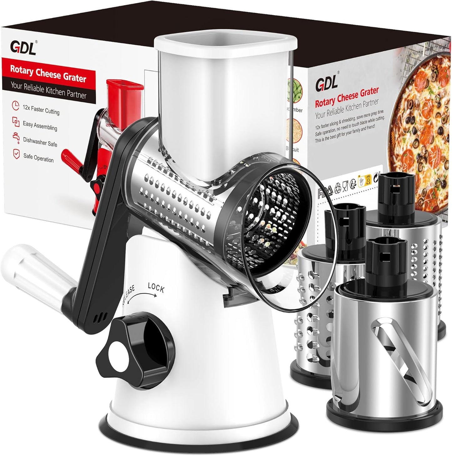 Cheese Grater Rotary, Rotary Grater for Kitchen, Kitchen Grater Vegetable Slicer with 3 Drum Blades, Fast Cutting Cheese Shredder for Vegetables and Nuts