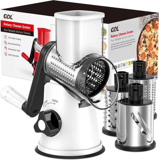 Cheese Grater Rotary, Rotary Grater for Kitchen, Kitchen Grater Vegetable Slicer with 3 Drum Blades, Fast Cutting Cheese Shredder for Vegetables and Nuts