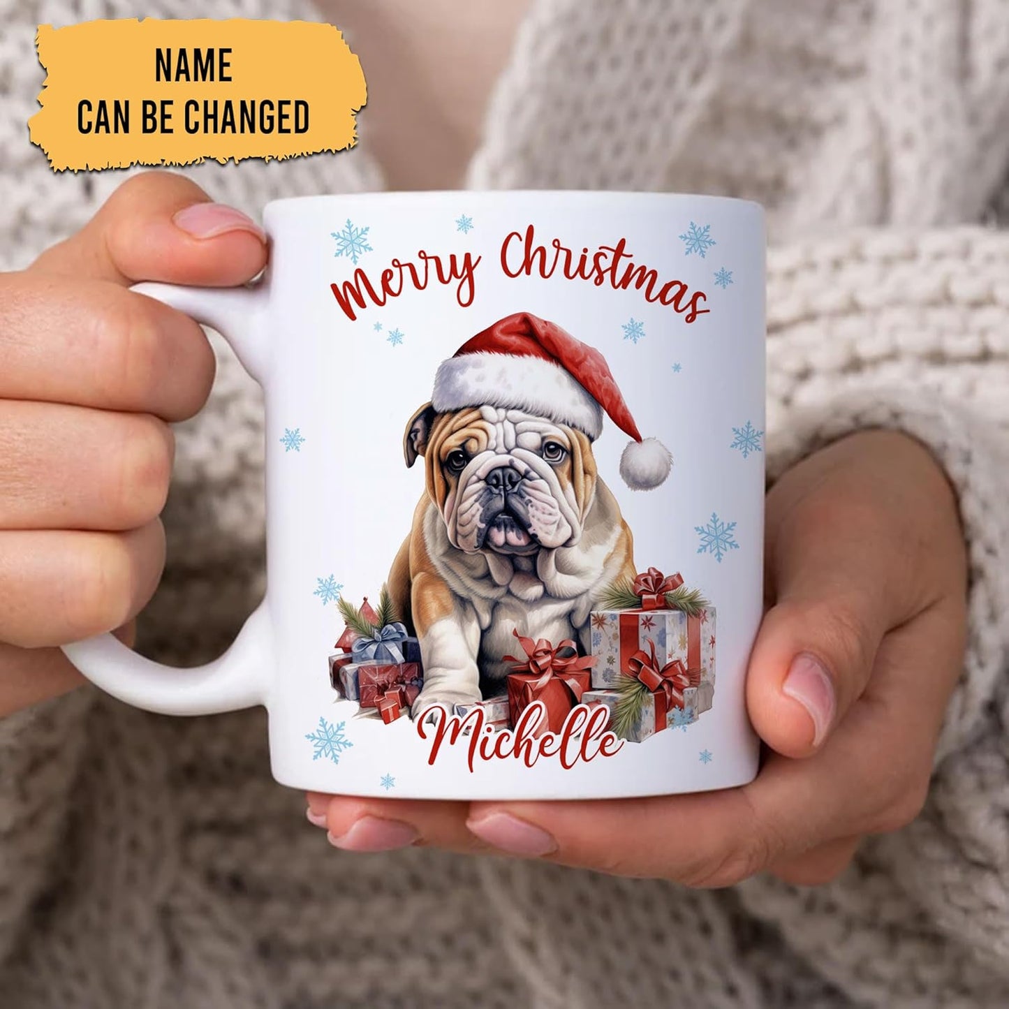 Hyturtle Personalized Gifts Dog Lover - Bulldog Merry Christmas Custom Name Ceramic Coffee Mug Cup 11oz - Cute Animal Lovers Gifts For Women, Girl kids Family On Birthday, Christmas