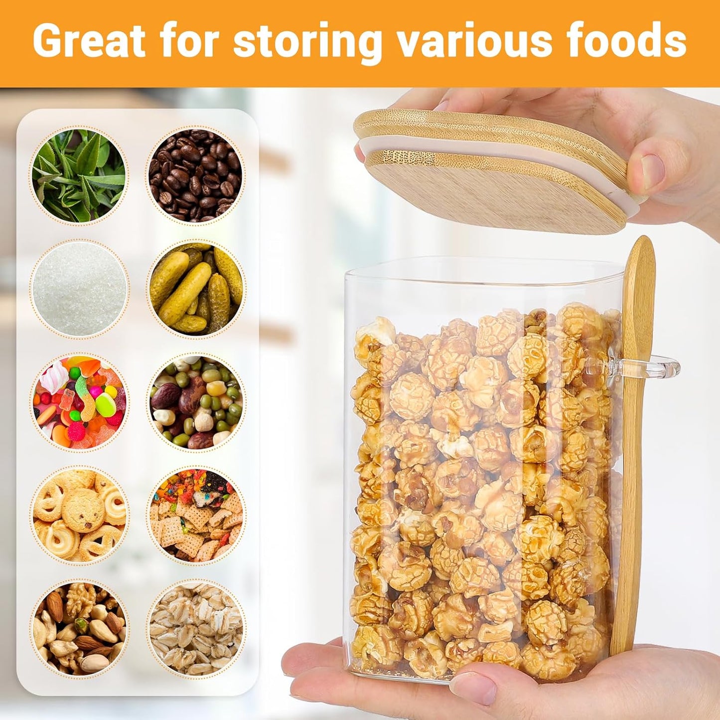 Glass Jars with Bamboo Lids and Spoons - 2 Pack 37 Fl.oz Square Glass Flour Sugar Containers Set, Includes Labels and Marker, Large Kitchen Canisters with Airtight Lid for Cereal, Rice, Bean