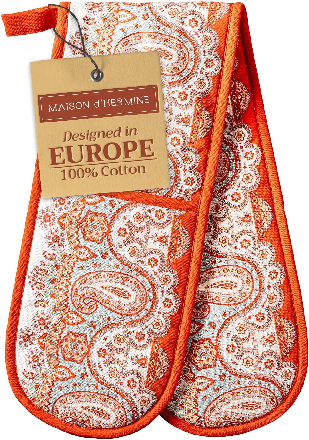 Maison d' Hermine Double Oven Mitt (7" x 35") 100% Cotton Heat Resistant BBQ Cooking Gloves with Loop for Thanksgiving Christmas Decorations Baking Cooking Barbeque Handling Hot Pan (Cachemire)