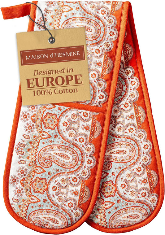 Maison d' Hermine Double Oven Mitt (7" x 35") 100% Cotton Heat Resistant BBQ Cooking Gloves with Loop for Thanksgiving Christmas Decorations Baking Cooking Barbeque Handling Hot Pan (Cachemire)