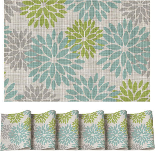 Artoid Mode Floral Vinyl Placemats Set of 6, Heat Resistant Washable Non-Slip Plistic PVC Place Mats for Party Kitchen Dining Decor, Sage
