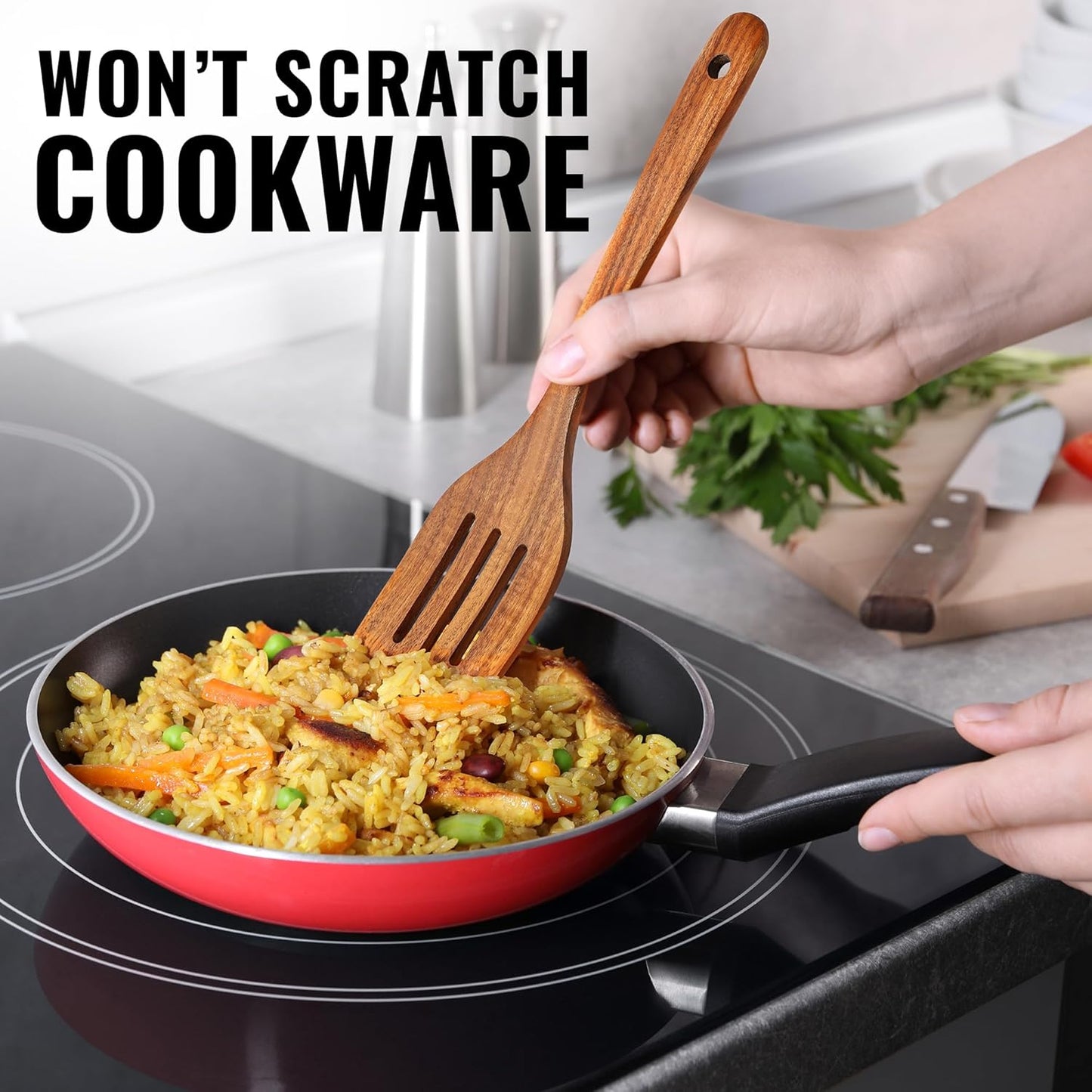 Zulay Kitchen Teak Wood Slotted Spatula – Durable & Heat-Resistant Cooking Utensil for Non-Stick Pans – Wooden Turner for Stirring, Flipping & Serving - Brown