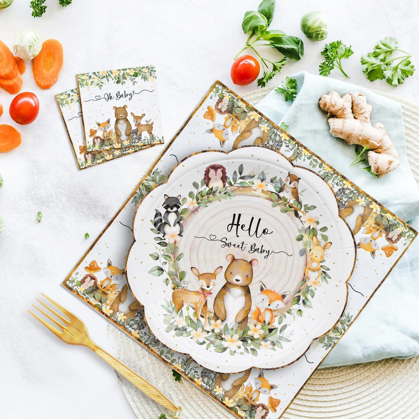 96 Pieces Woodland Baby Shower Tableware Set – Scalloped Forest Animal Disposable Dinnerware with Paper Plates, Napkins, and Forks for Gender Neutral Baby Showers and Birthday Parties – Serves 24