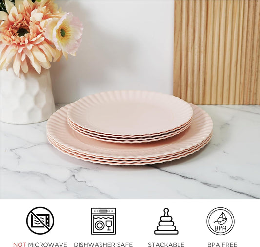TP Melamine Dinner Plates Set of 8, 8” Salad Dessert Plates and 10.5” Dinner Plates, Dinnerware Set for 4, Indoors and Outdoors, Light Pink