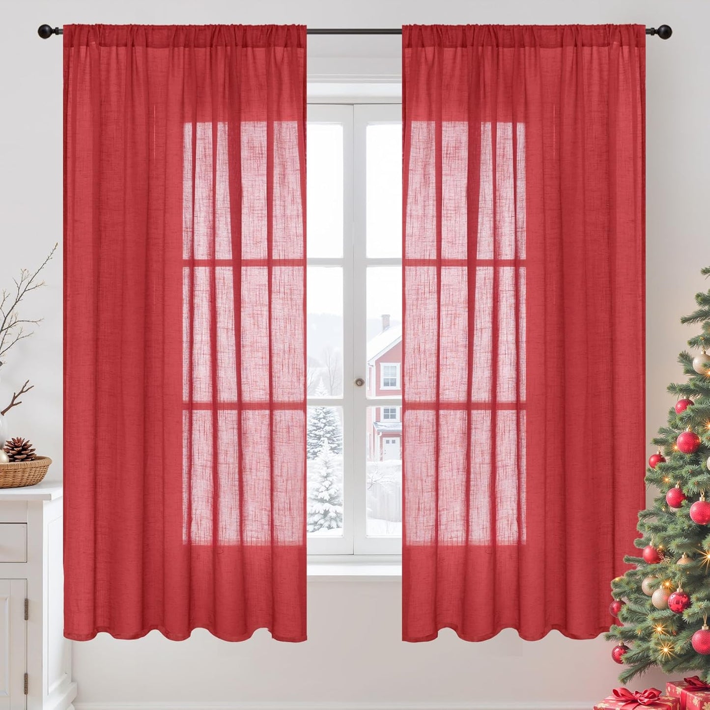 BGment Red Linen Curtains 63 Inches Long for Living Room, Semi Sheer Window Drapes Textured with Rod Pocket for Bedroom Dining Christmas Holiday Decor, 2 Panels Set, Each 52 Inch Wide