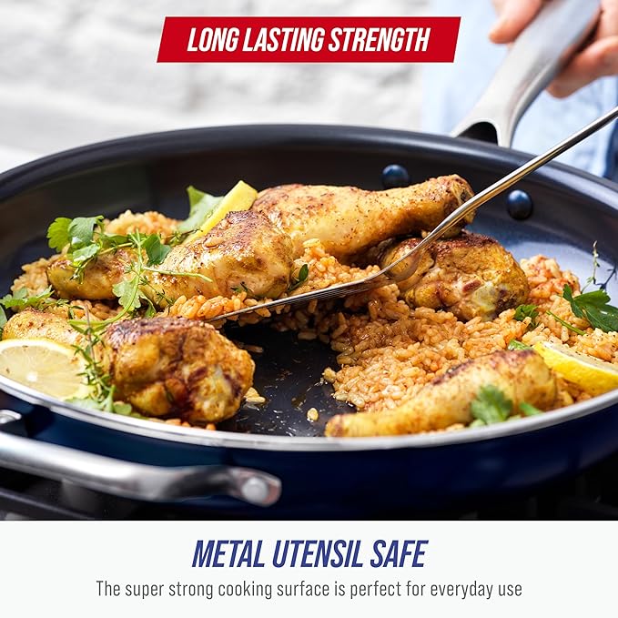 Blue Diamond 14" Nonstick Frying Pan Skillet, Diamond Infused PFAS & PTFE-Free Ceramic Pot, Dishwasher & Oven Safe, Stay Cool Handle, Durable Non Toxic Metal Utensil Safe, Family Jumbo Pan, Blue