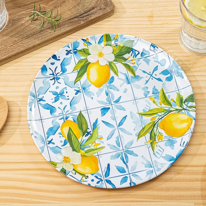 Bzyoo 12-Piece Melamine Dinnerware Set - Lemon Tiles | Lightweight, Durable, BPA-Free | Dishwasher Safe Dish Set for Indoor & Outdoor Use - Perfect for Camping, BBQs