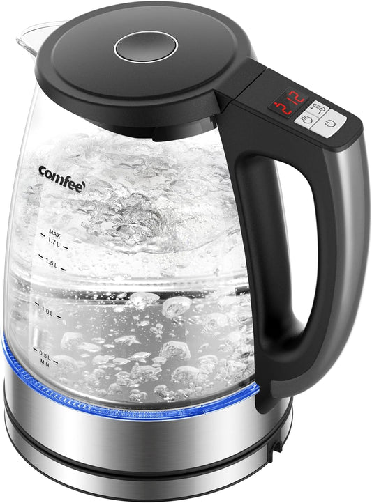 COMFEE' 1.7L Glass Tea Kettle and Kettle Water Boiler - Electric Kettle Temperature Control with 6 Presets, 2-Hr Keep Warm, Fast Heating, 304 Stainless Steel, Auto-Off and Boil-Dry Protection