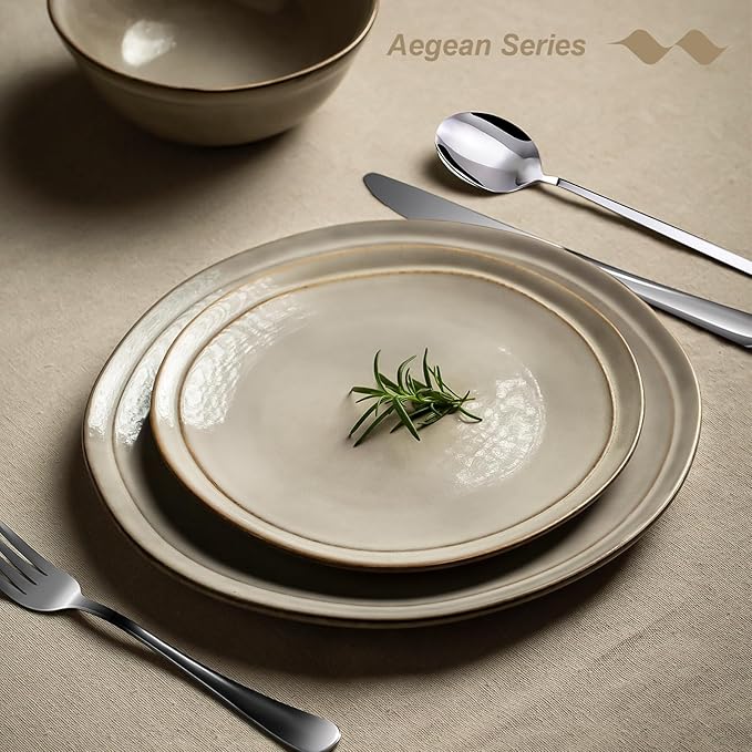 Famiware Aegean Dinnerware Set for 4, Plates and Bowls Sets, 12-Piece Stoneware Scratch Resistant Dinner Set, Handmade Irregular Round Dishes, Microwave and Dishwasher Safe, Sand Beige