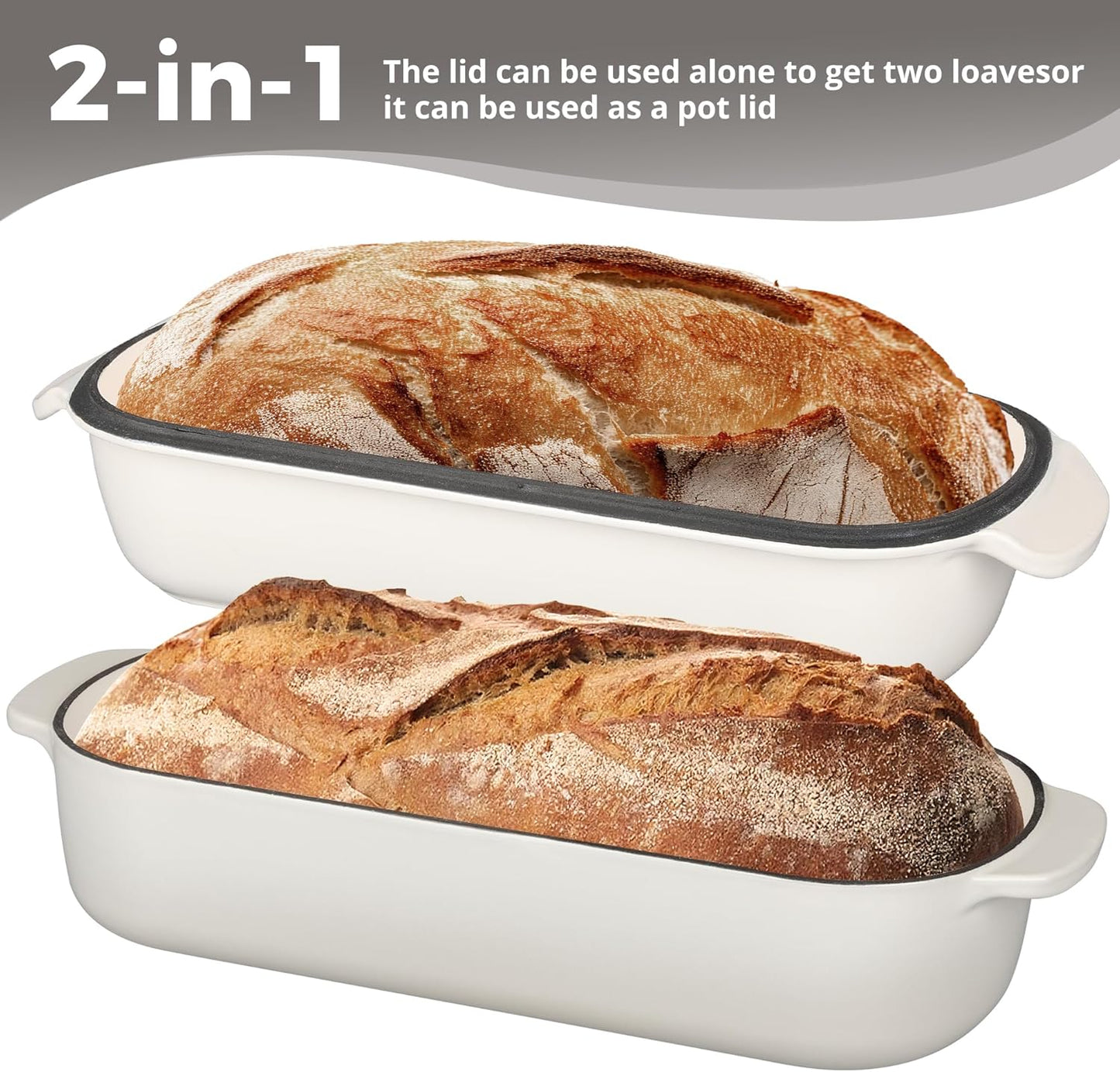 Enameled Cast Iron Loaf Pan with Lid, Dutch Oven Bread pan for Homemade Sourdough Bread Baking, 12.5x5.5 inch, 5qt, White