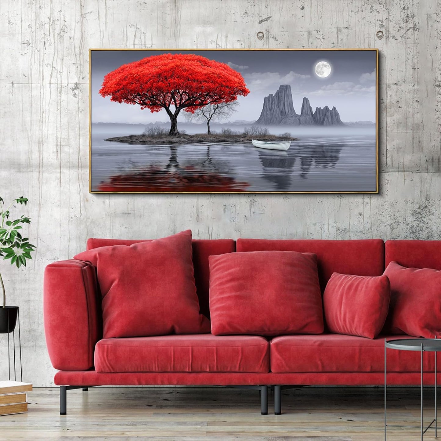 XLSJERST Large Wall Art - Red Room Wall Art Bedroom Decoration Frame Canvas Artwork Moon Landscape Lake Pacture for Living Room Office Black and White Wall Art 20x40 Inches
