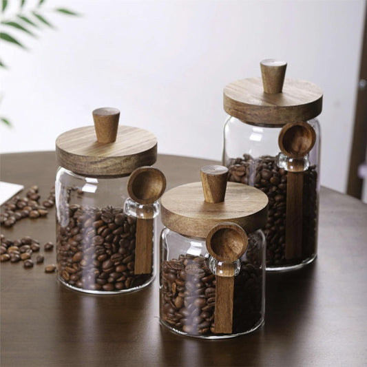 Glass Food Storage Jar with Wooden Lid and Spoon, Airtight Container for Cereals, Cookies, Snacks, Kitchen Canister Set (Small(400ml/13.5oz))