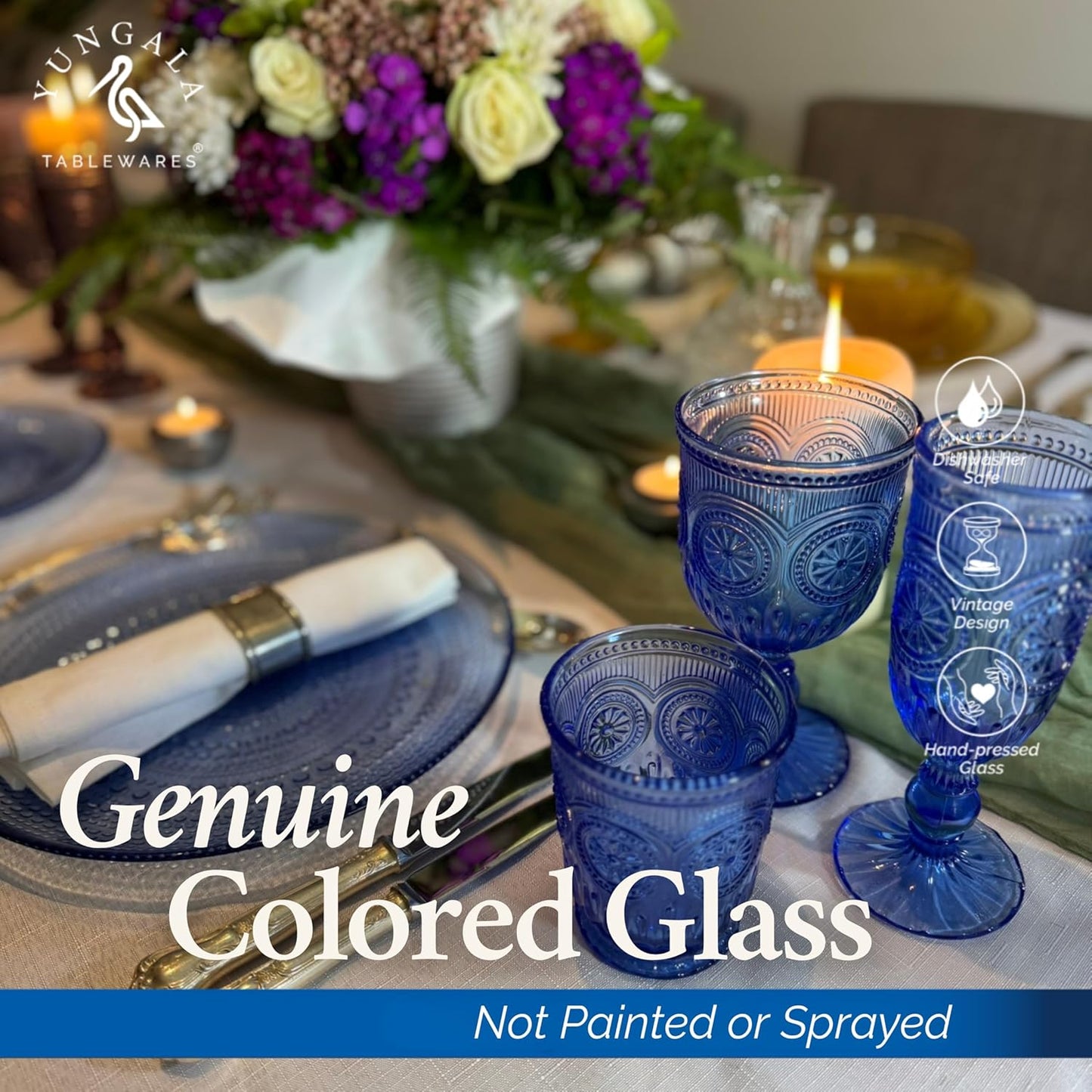 Yungala Cobalt Blue Vintage Hobnail Glass Plates – Set of 4 Authentic Pressed Glass Dinner Plates, Durable and Elegant Design that is dishwasher safe.