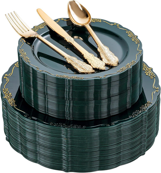 DaYammi 150Pcs Green Plastic Plates with Gold Silverware,Christmas Disposable Plates for Party include 30 Dinner Plate,30 Dessert Plate,90 Gold Plastic Cutlery Set,Green gold plate for Christmas Party