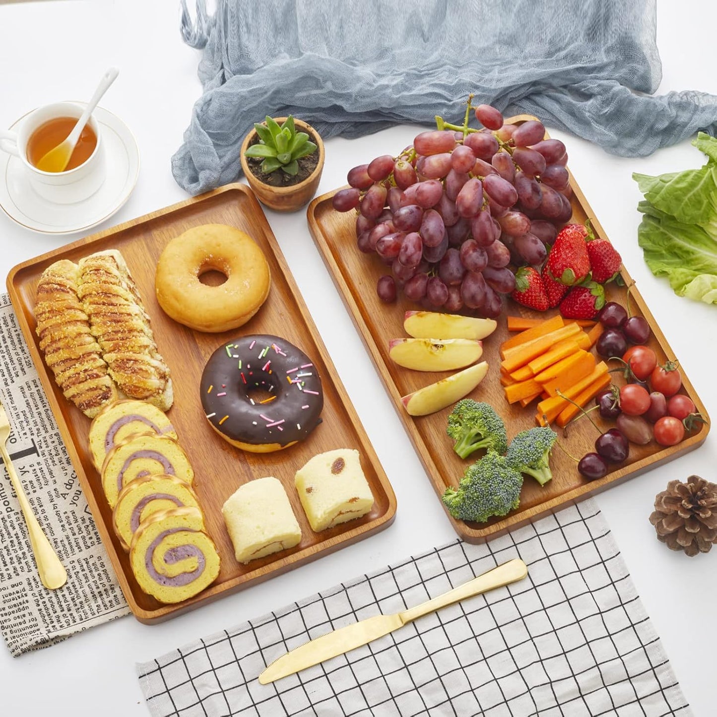 16" x12" Large Solid Acacia Wood Serving Tray Rectangular Wooden Serving Platter Natural Wooden Board for Bar Coffee Party