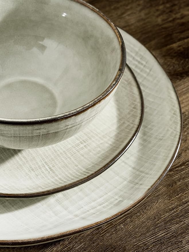 Famiware Moonlight Plates and Bowls Sets, 18 Pieces Stoneware Dinnerware Sets with Linen Finish, Handmade Dishware set for 6, Microwave and Dishwasher Safe, Scratch Resistant Tableware, Summer Sand