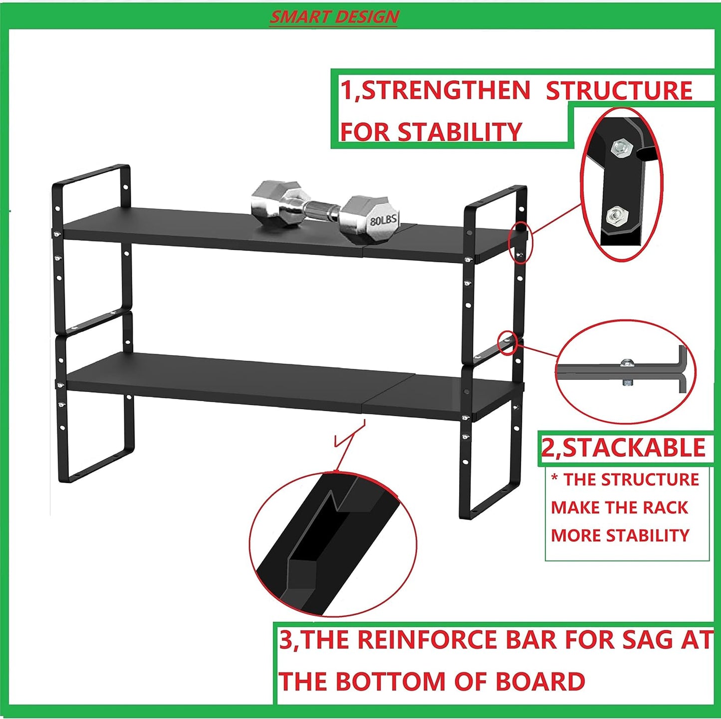 Expandable Stackable Spice Rack Cabinet Shelf Organizer in Cabinets Shelves Kitchen Cupboard Organization Stack up Racks Pantry Countertop Storage Large/Black 1 Pack