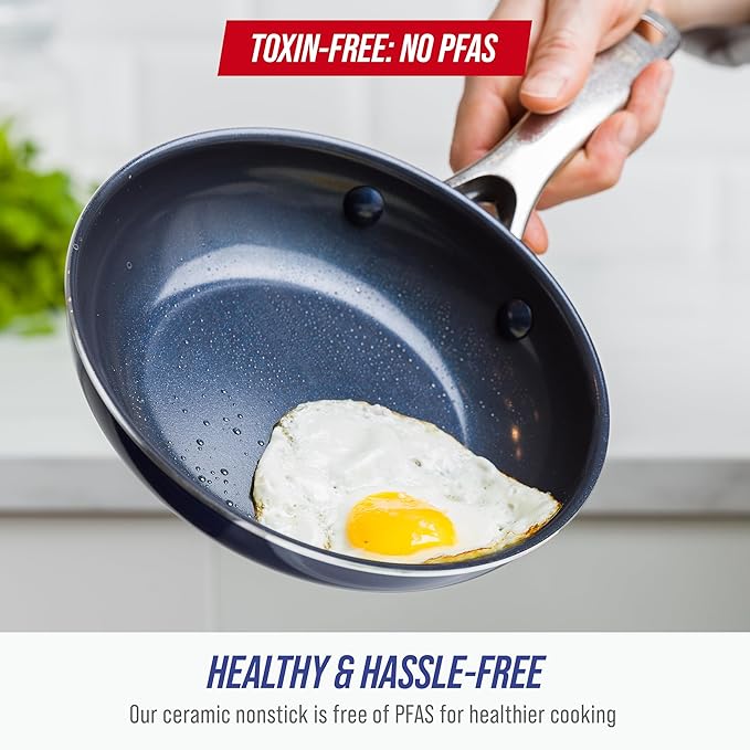 Blue Diamond 8 Inch Nonstick Frying Pan, PFAS Free Ceramic Egg and Omelet Pan, Diamond Infused Nonstick Skillet, Dishwasher & Oven Safe, Stay Cool Handle, Durable Non Toxic Metal Utensil Safe, Blue