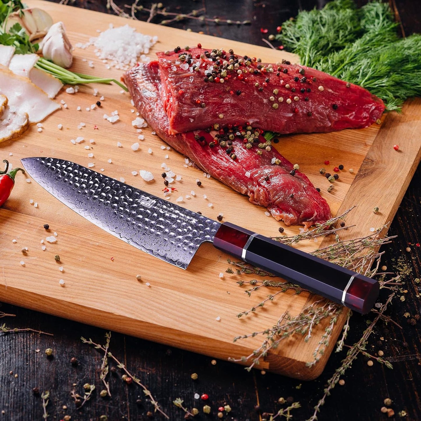 FINDKING Eternity Series Japanese Chef Knife with ABS sheath, Professional Kitchen Knife, 9Cr18MoV Damascus Steel Blade, Resin Octagonal Handle, Sharp, for Meat Cutting, 8 Inches