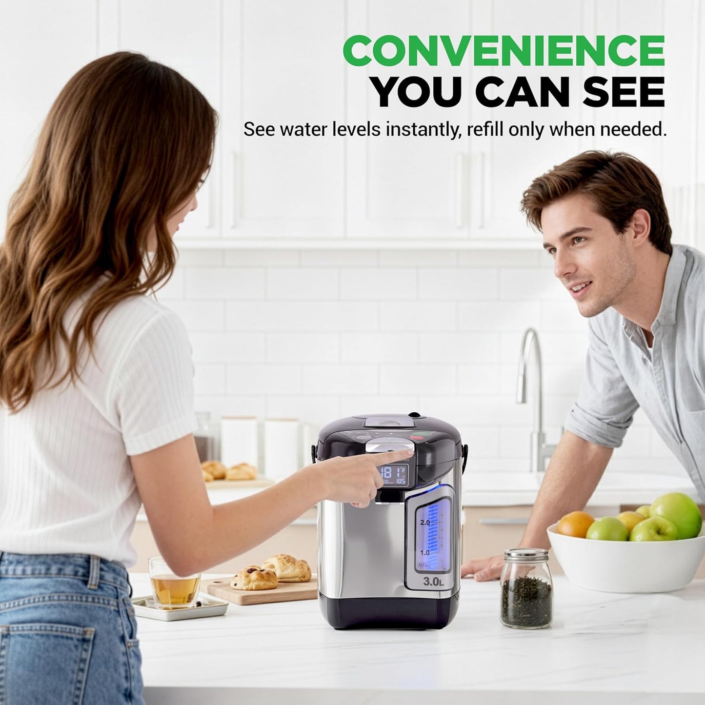 NutriChef Digital Water Boiler and Warmer - 3L/3.17 Qt Stainless Electric Hot Water Dispenser w/ LCD Display, Rotating Base, Keep Warm, Auto Shut Off, Safety Lock, Instant Heating for Coffee & Tea