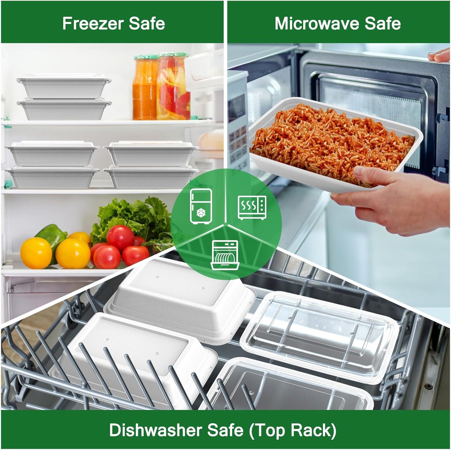 50 Pack (100-Piece) 32 oz Meal Prep Containers Reusable with Easy Open Lids, Sturdy Leakproof Food Safe, Microwave Freezer Dishwasher Safe, To Go Take Out Plastic Food Storage Pans with Lids, Silver