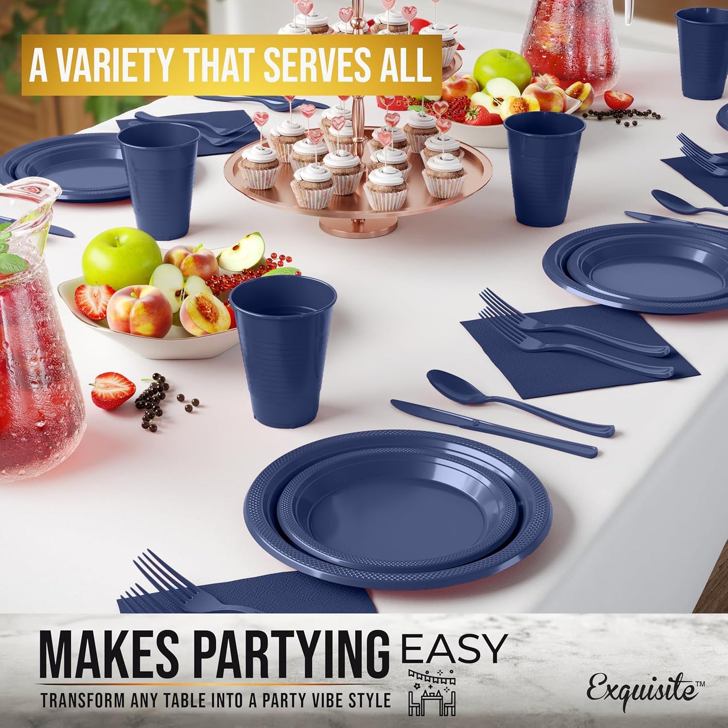 Party Solids 350 Pieces Navy Plastic Plates For Party, Navy Disposable Plates Set, 50 Of Each 9" Dinner Plate Set, 7" Dessert Plate, Cups, Napkins & Cutlery Plastic Dinnerware