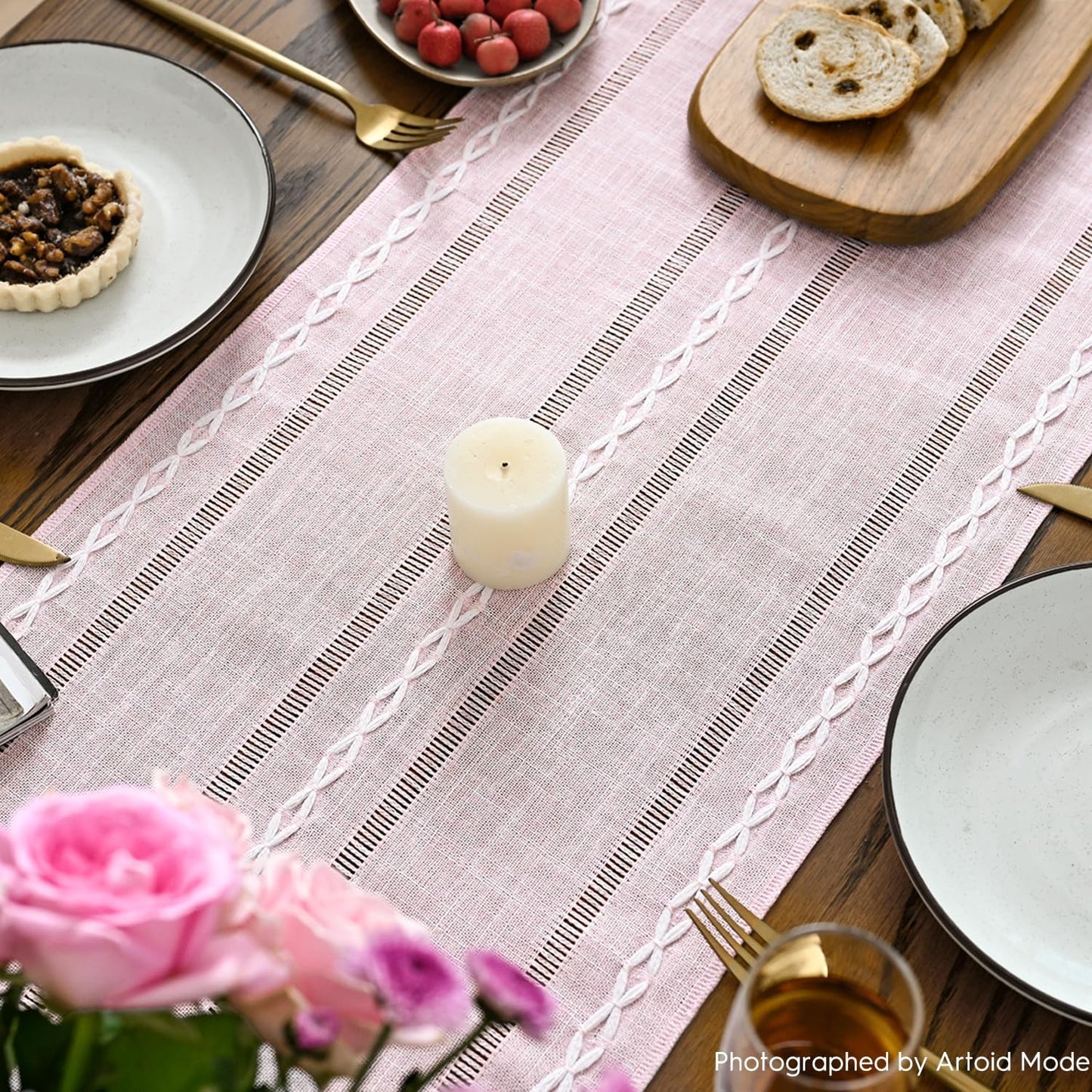 Artoid Mode Pink Rustic Cotton Linen Table Runner, Seasonal Embroidered Hollow Kitchen Dining Table Decoration for Home Party Decor 13x72 Inch