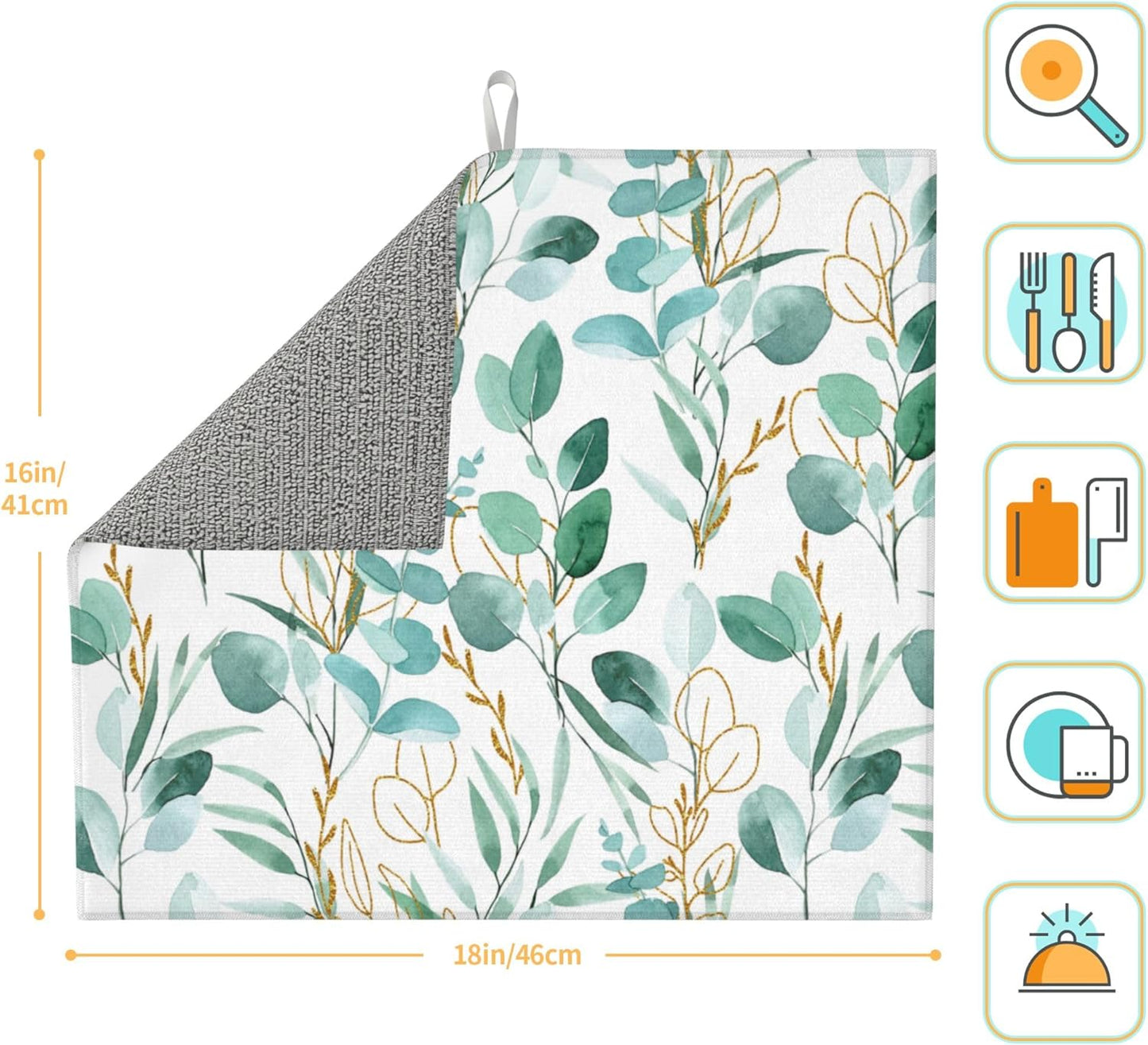 Sage Green Leaves Dish Drying Mat for Kitchen Counter Cute Botanical Dish Drainer Rack Mats 16"x18" Absorbent Reversible Drying Pad Spring Summer Kitchen Decor