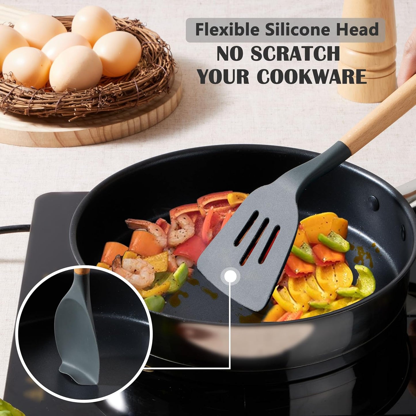 E-far Silicone Cooking Utensils Set, 5-Piece Kitchen Utensils Set with Wooden Handle for Cooking, Silicone Kitchen Nonstick Tools Spatula Turner Slotted Spoons, Nontoxic & Heat Resistant-Gray