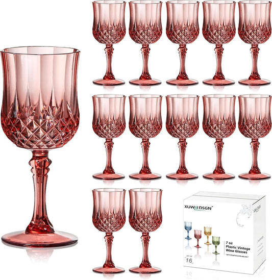 XUWAIDSGN 7oz Plastic Vintage Rose Gold Drinking Glasses Pink Wine Glasses Unbreakable Wedding Glassware Crystal Water Goblets Reusable Drinkware Vintage Champagne Flutes (16, Rose Gold)