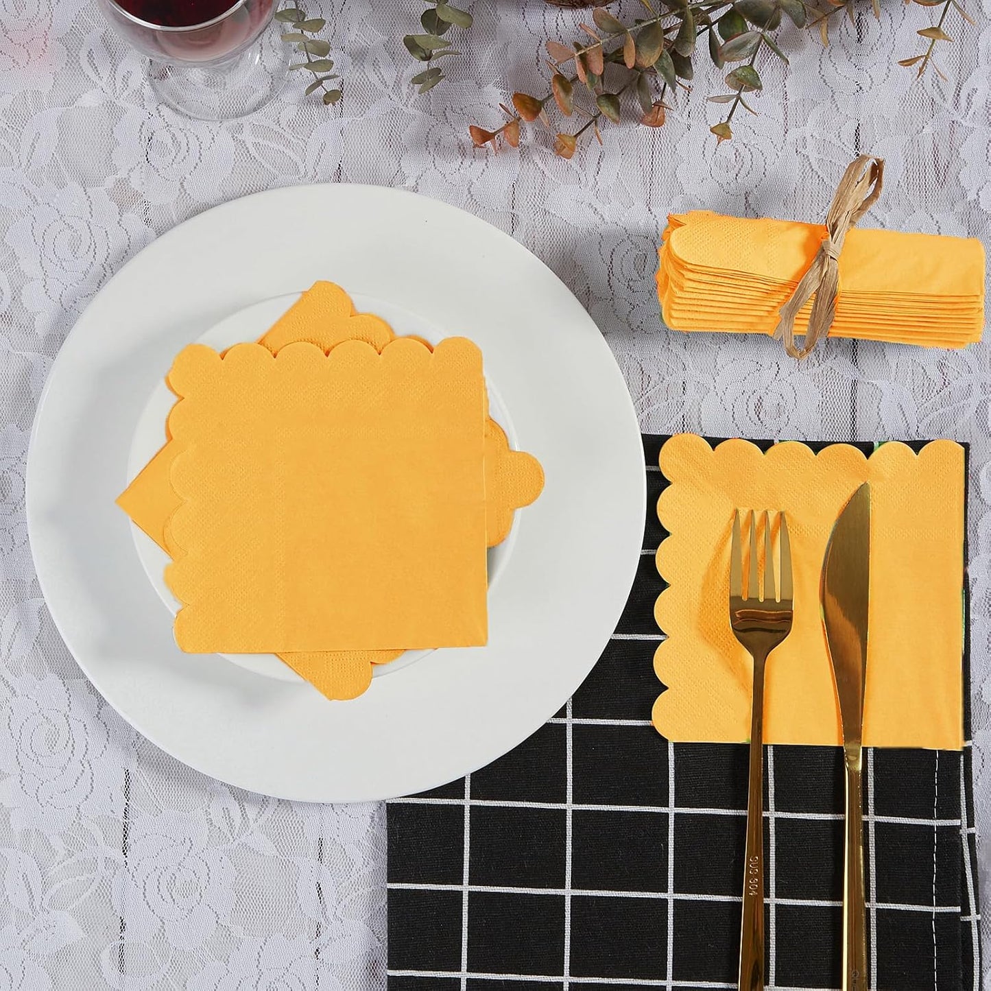 100 Pack Cocktail Napkin 2-Ply Scalloped Edged Dessert Napkins Folded 5 x 5 Inches Disposable Napkins for Dinner Wedding Birthday Party Bridal Anniversary Reception Event (Yellow)