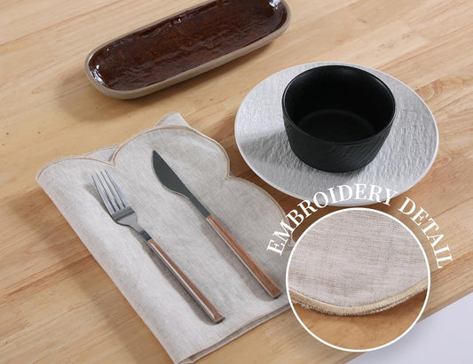 100% French Flax Linen Cloth Napkins Scalloped Embroidery 20’’x20’’ for Dinners, Parties, Weddings, Decorative Halloween, Spring, Easter, Set of 4 Pcs, Natural Linen(Edges-Gold)